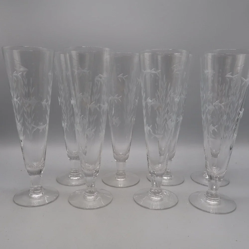 Princess House Heritage Cut Fish Etched Footed Pilsner Beer Glasses Set of 8